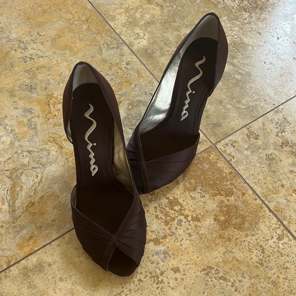 Nina Women’s Size 7 Brown Heels Fleur - LS, 3” Heel Size, Open Toe, Satin